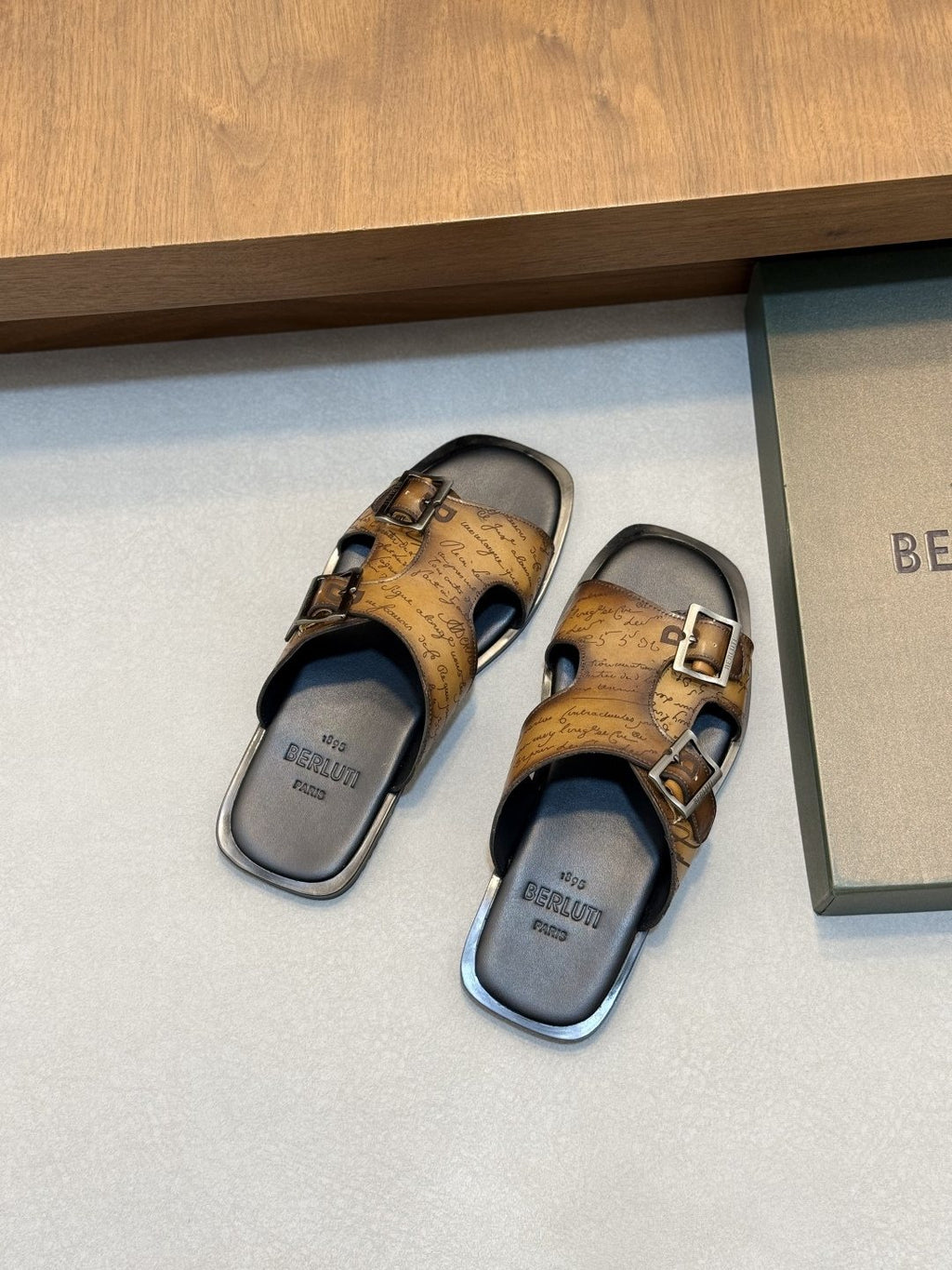 Berluti Patterned Buckle Slide Sandals